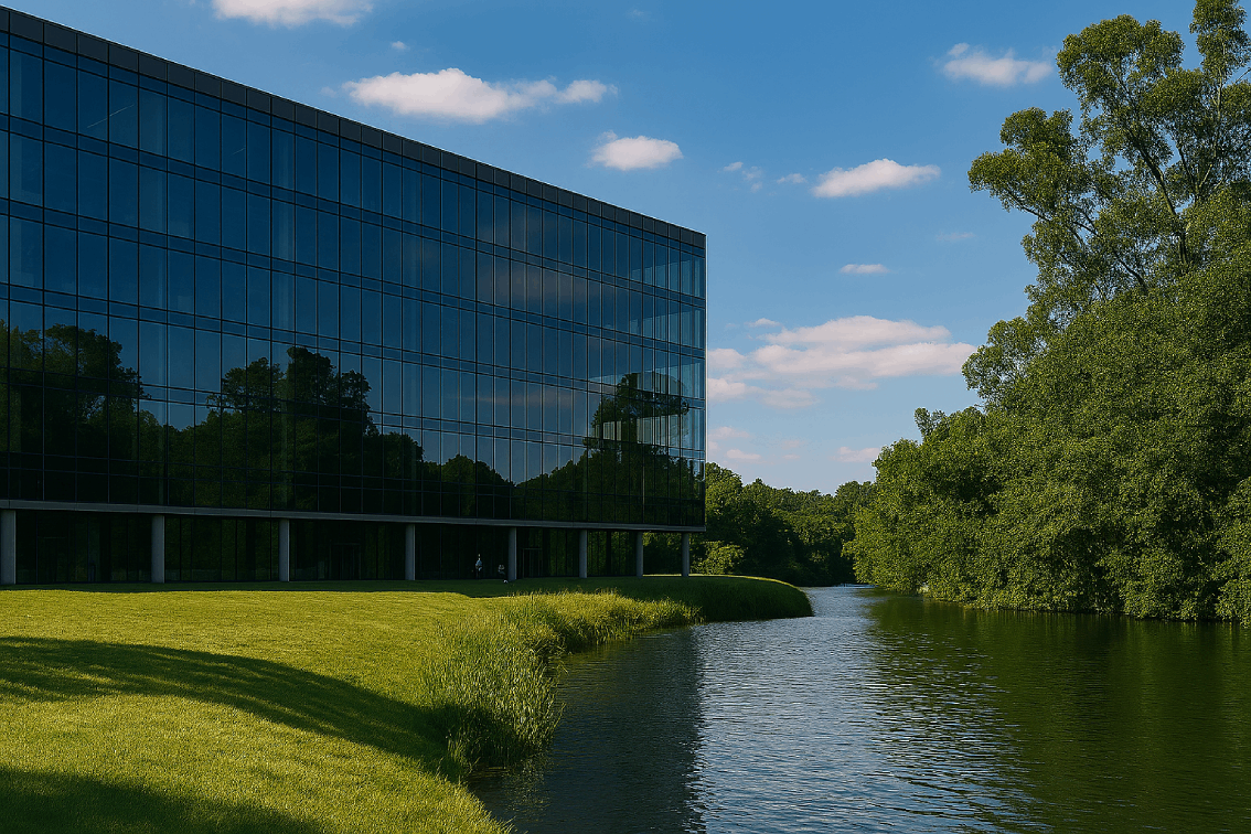 Image d'un bâtiment à côté d'un fleuve et de la nature